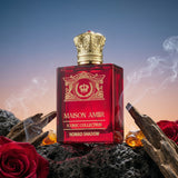 Red perfume bottle with gold cap on a dark surface with red roses and smoke